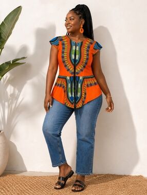 Orange Ethnic / African Print Peplum Top